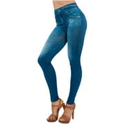 Women's Fake Denim Stretchy Jeggings High Waist Tummy Control Pants with Back Pockets Casual Slimming Leggings for Women